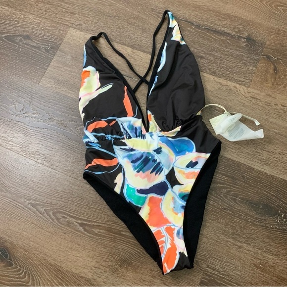 Maaji Womens jungle rainbow plunge v neck reversible tie back one piece swim M - Picture 2 of 13